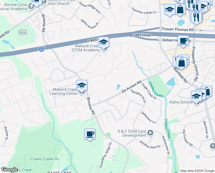 map of restaurants, bars, coffee shops, grocery stores, and more near 11931 De Armon Road in Charlotte