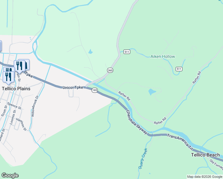 map of restaurants, bars, coffee shops, grocery stores, and more near 124 Rafter Road in Tellico Plains