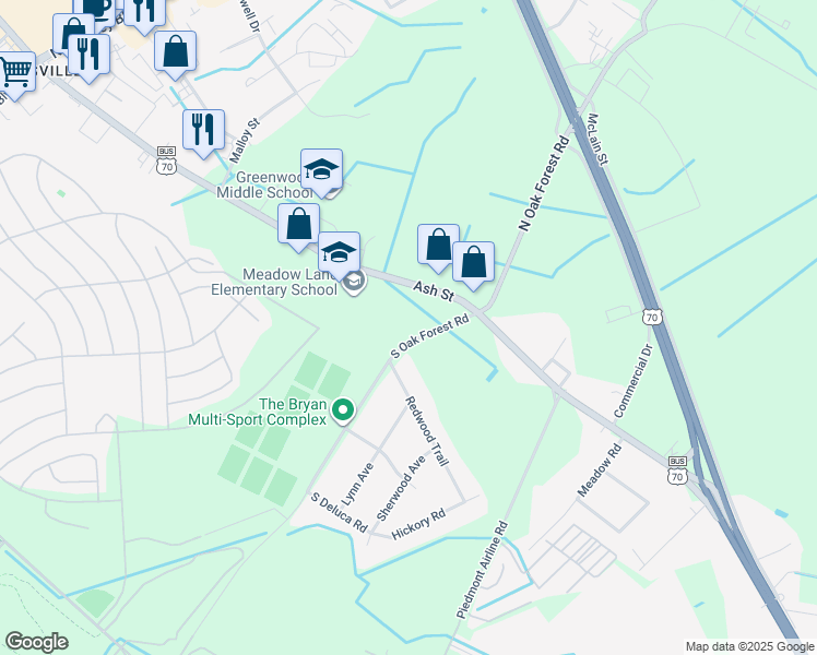 map of restaurants, bars, coffee shops, grocery stores, and more near 148 South Oak Forest Road in Goldsboro