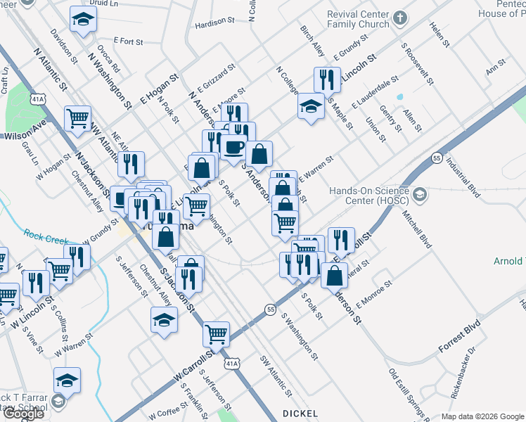 map of restaurants, bars, coffee shops, grocery stores, and more near 310 E Warren St in Tullahoma