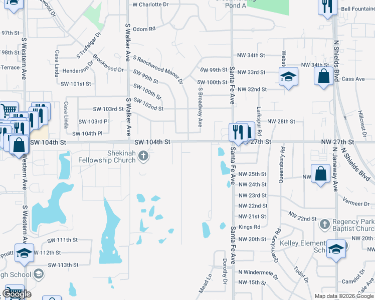 map of restaurants, bars, coffee shops, grocery stores, and more near 10500 South Harvey Avenue in Oklahoma City