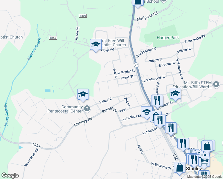 map of restaurants, bars, coffee shops, grocery stores, and more near 3rd Street in Stanley