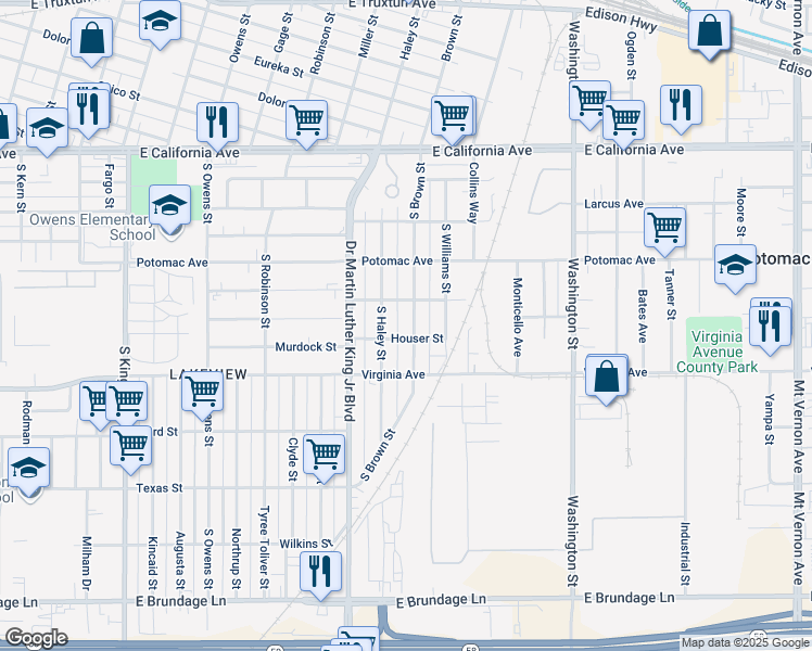 map of restaurants, bars, coffee shops, grocery stores, and more near 500 South Brown Street in Bakersfield