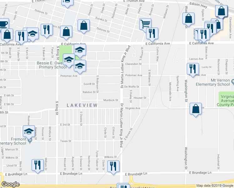 map of restaurants, bars, coffee shops, grocery stores, and more near 1504 Murdock Street in Bakersfield