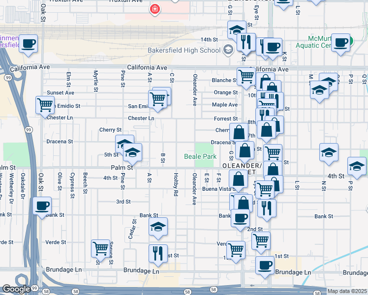 map of restaurants, bars, coffee shops, grocery stores, and more near 520 Holtby Road in Bakersfield