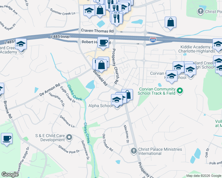 map of restaurants, bars, coffee shops, grocery stores, and more near 12525 Loganville Drive in Charlotte
