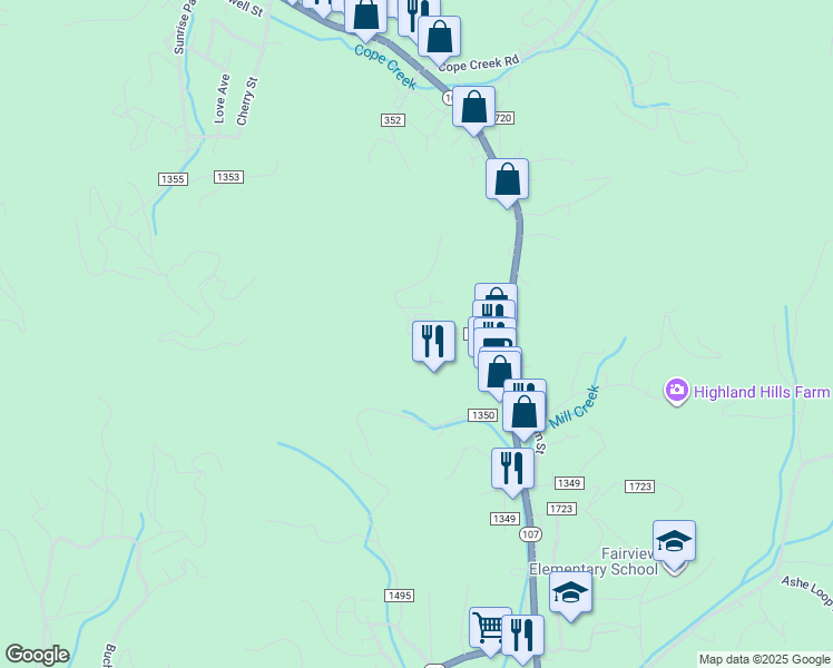 map of restaurants, bars, coffee shops, grocery stores, and more near 200 Connor Road in Sylva