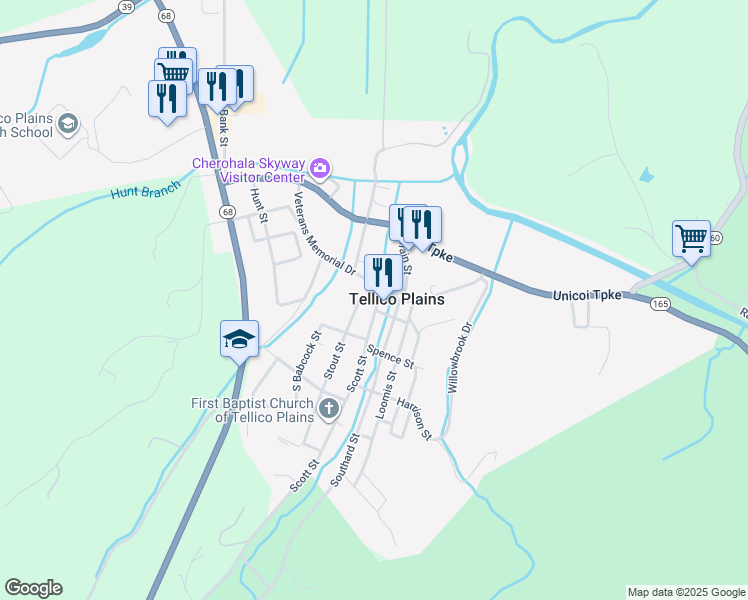 map of restaurants, bars, coffee shops, grocery stores, and more near 113 Stout Street in Tellico Plains