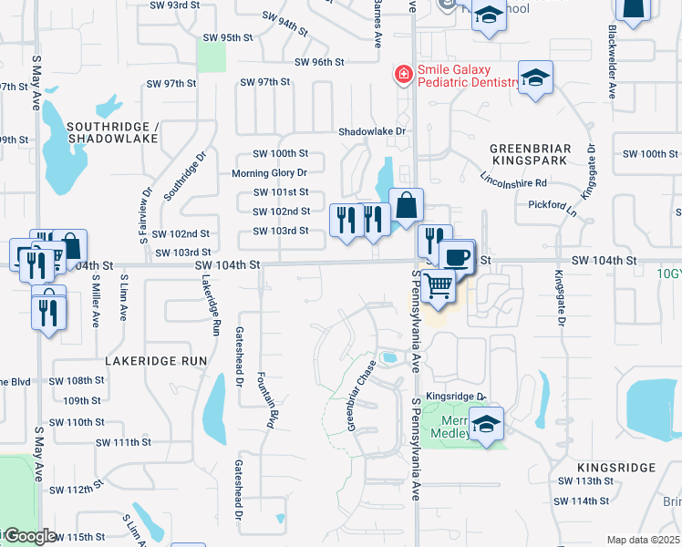 map of restaurants, bars, coffee shops, grocery stores, and more near 10601 Greenbriar Chase in Oklahoma City