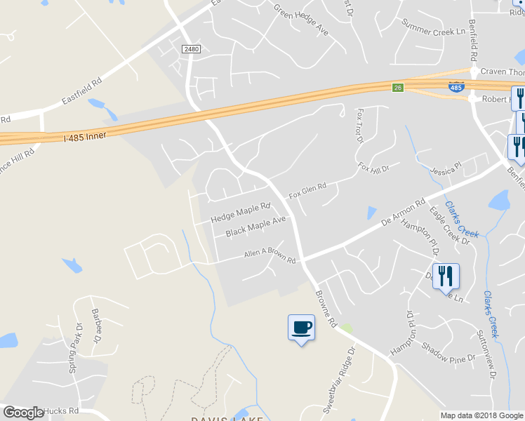 map of restaurants, bars, coffee shops, grocery stores, and more near 8843 Hedge Maple Road in Charlotte