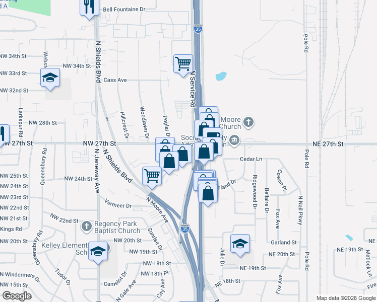 map of restaurants, bars, coffee shops, grocery stores, and more near 2713 North Service Road in Moore