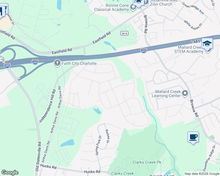 map of restaurants, bars, coffee shops, grocery stores, and more near 7903 Meridale Forest Drive in Charlotte
