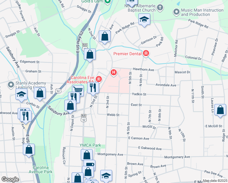 map of restaurants, bars, coffee shops, grocery stores, and more near 217 Yadkin Street in Albemarle