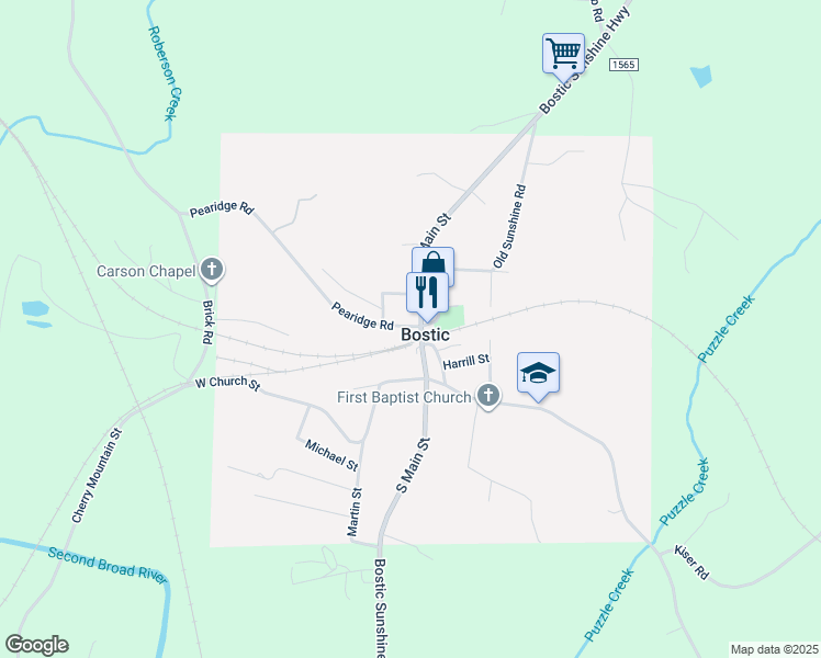map of restaurants, bars, coffee shops, grocery stores, and more near 119 Pearidge Road in Bostic