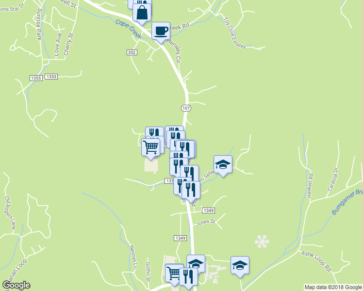 map of restaurants, bars, coffee shops, grocery stores, and more near East Main Street in Sylva