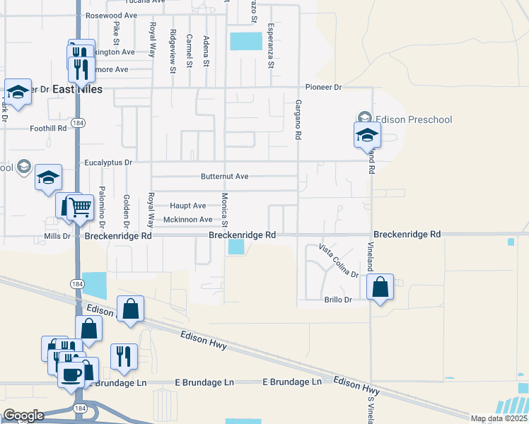 map of restaurants, bars, coffee shops, grocery stores, and more near 508 Sago Palm Street in Bakersfield
