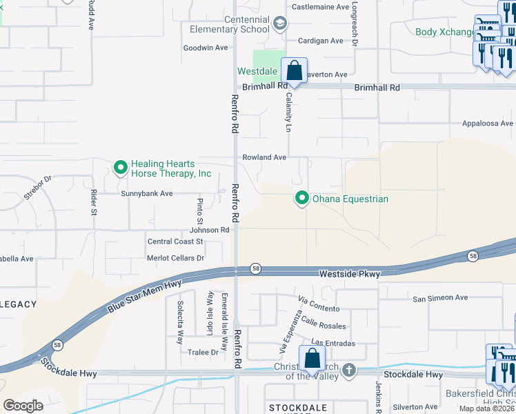 map of restaurants, bars, coffee shops, grocery stores, and more near 696 Renfro Road in Bakersfield
