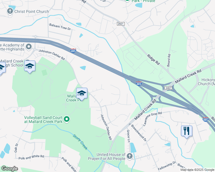 map of restaurants, bars, coffee shops, grocery stores, and more near 12051 Mourning Dove Lane in Charlotte