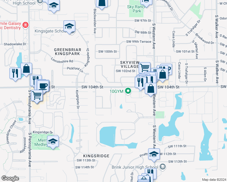 map of restaurants, bars, coffee shops, grocery stores, and more near 1140 Southwest 104th Street in Oklahoma City