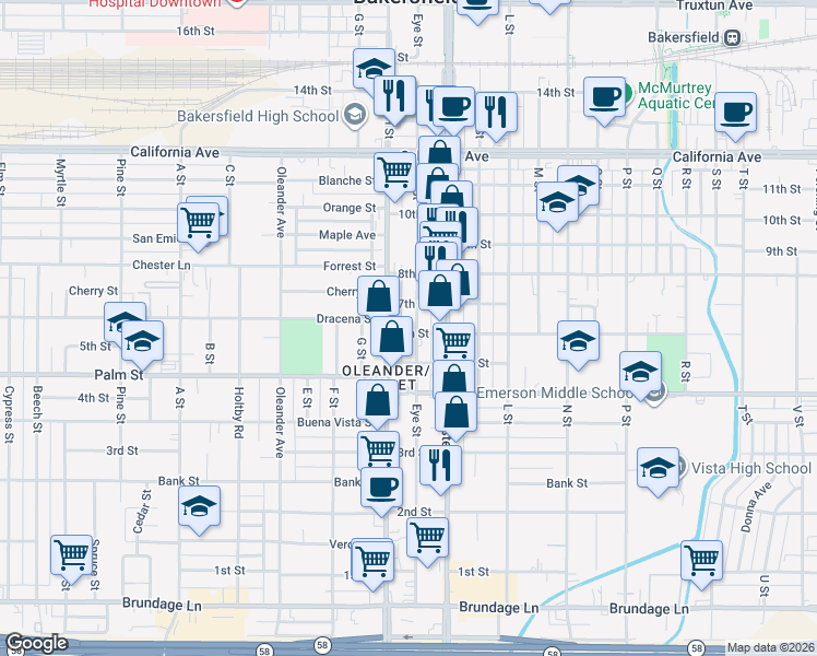 map of restaurants, bars, coffee shops, grocery stores, and more near 601 Eye Street in Bakersfield