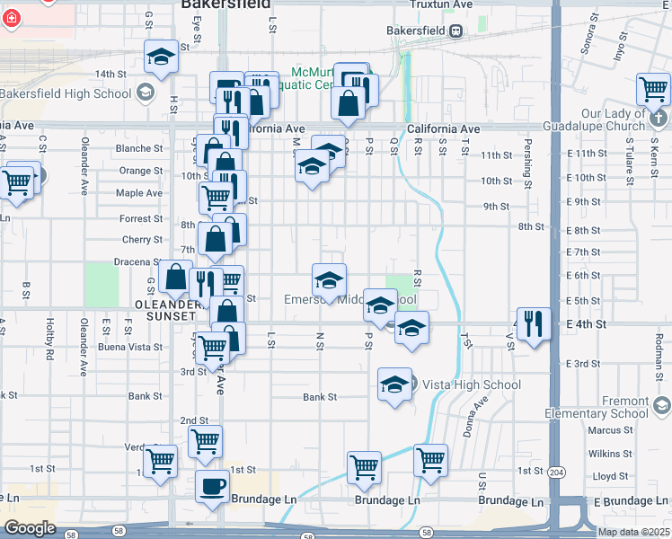 map of restaurants, bars, coffee shops, grocery stores, and more near 1006 6th Street in Bakersfield
