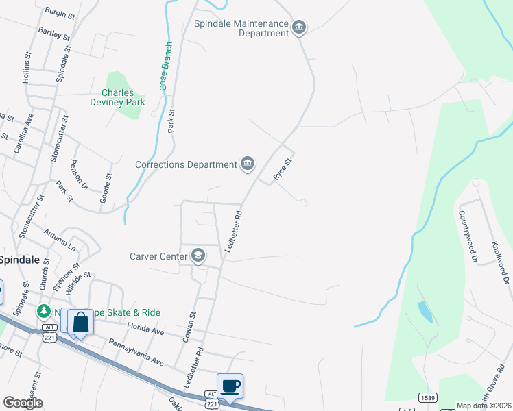 map of restaurants, bars, coffee shops, grocery stores, and more near 492 Ledbetter Road in Spindale
