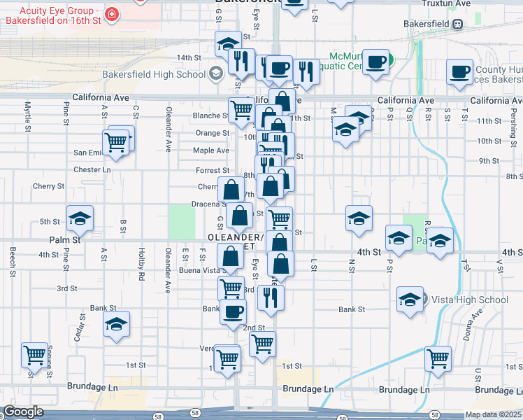 map of restaurants, bars, coffee shops, grocery stores, and more near 604 Eye Street in Bakersfield
