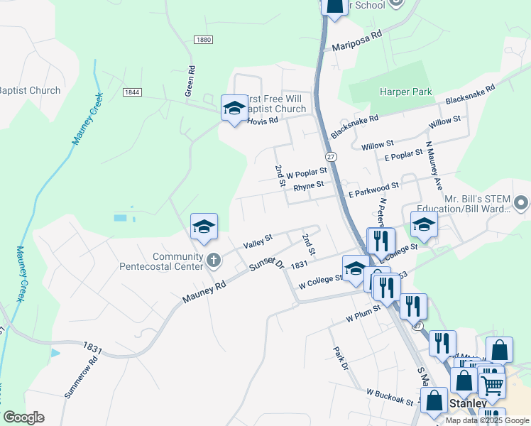 map of restaurants, bars, coffee shops, grocery stores, and more near 3rd Street in Stanley