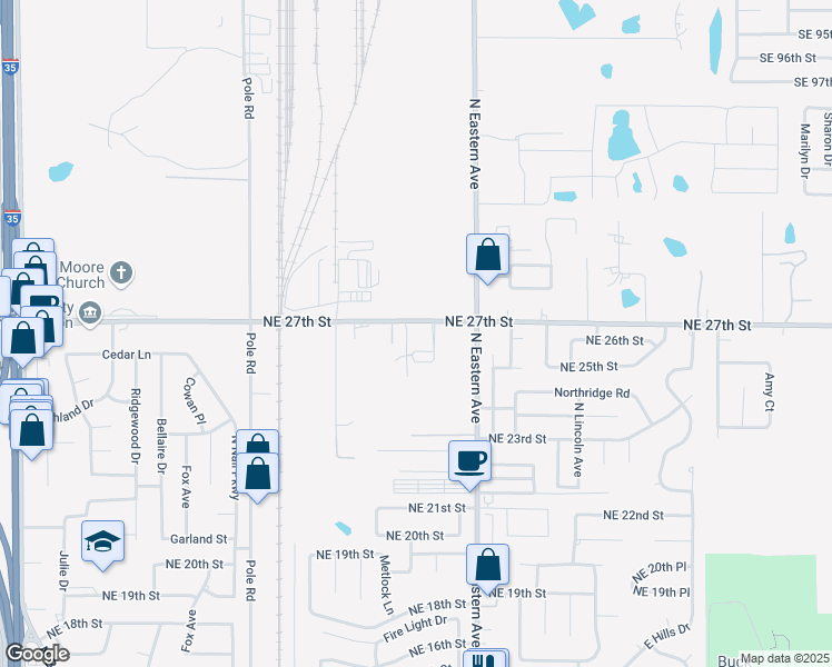 map of restaurants, bars, coffee shops, grocery stores, and more near 2720 Little Lane in Moore