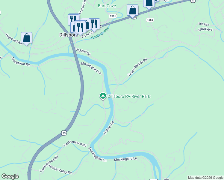 map of restaurants, bars, coffee shops, grocery stores, and more near 380 Mockingbird Lane in Sylva