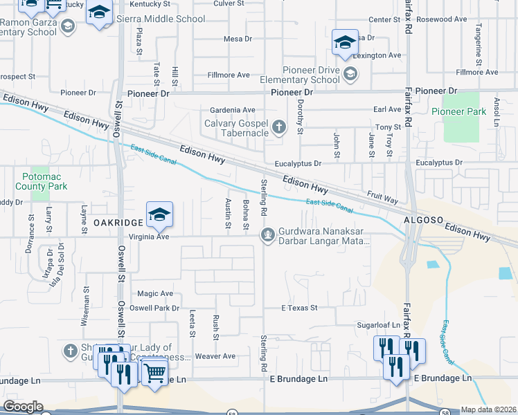 map of restaurants, bars, coffee shops, grocery stores, and more near 222 Sterling Road in Bakersfield