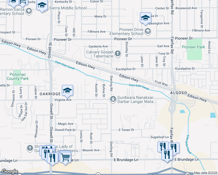map of restaurants, bars, coffee shops, grocery stores, and more near 222 Sterling Road in Bakersfield