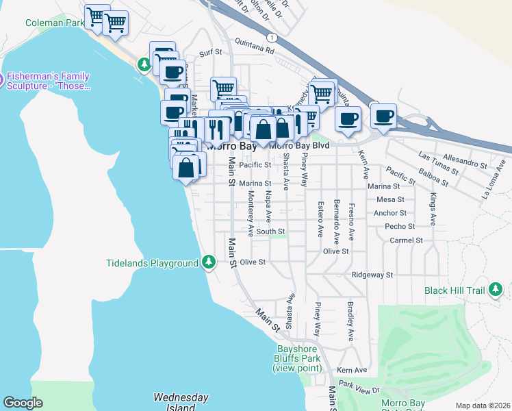 map of restaurants, bars, coffee shops, grocery stores, and more near in Morro Bay
