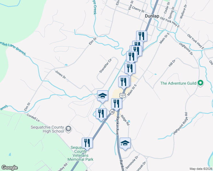 map of restaurants, bars, coffee shops, grocery stores, and more near 150 Valley View Drive in Dunlap