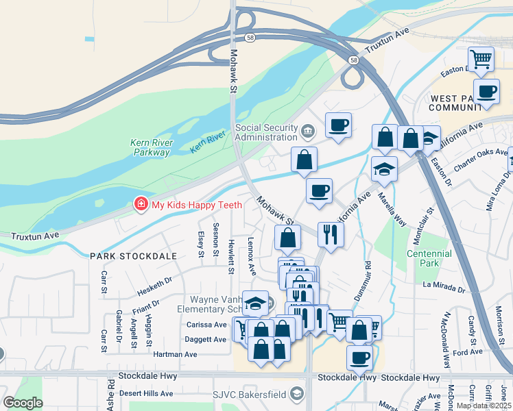 map of restaurants, bars, coffee shops, grocery stores, and more near 1001 Mohawk Street in Bakersfield