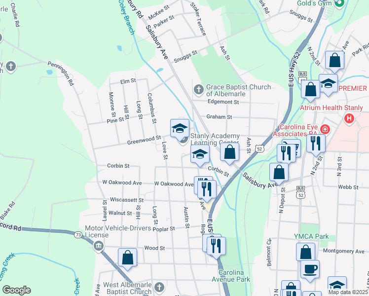 map of restaurants, bars, coffee shops, grocery stores, and more near 1121 Austin Street in Albemarle