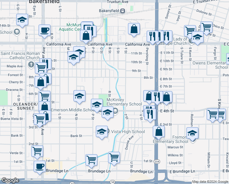 map of restaurants, bars, coffee shops, grocery stores, and more near 610 6th Street in Bakersfield