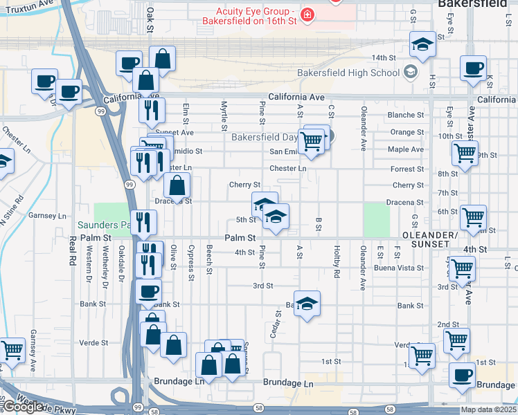 map of restaurants, bars, coffee shops, grocery stores, and more near 2601 Dracena Street in Bakersfield