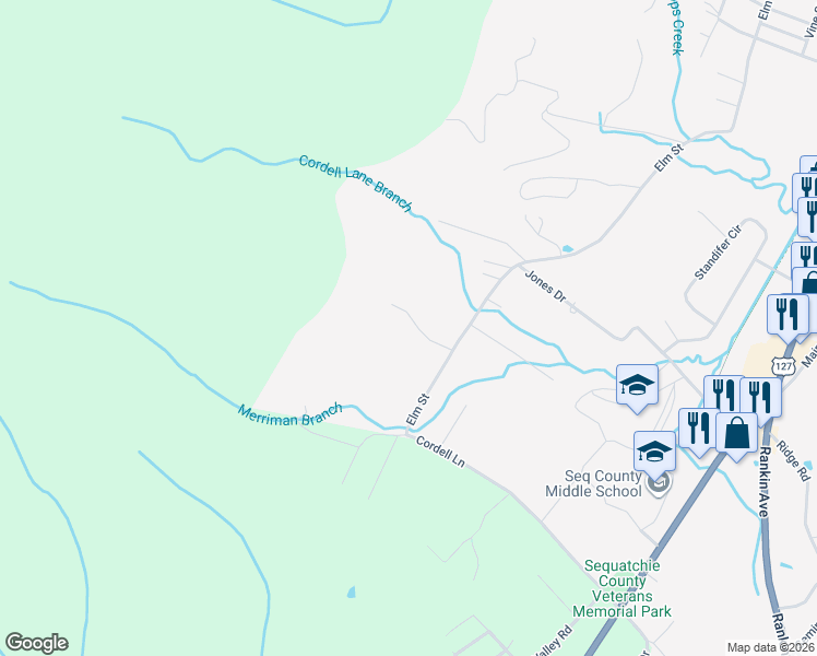 map of restaurants, bars, coffee shops, grocery stores, and more near 111 Timber Lane in Dunlap