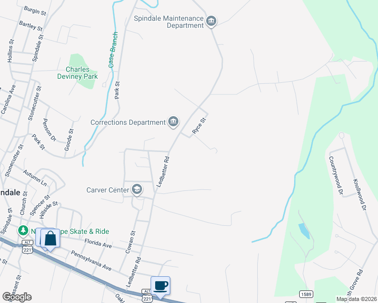 map of restaurants, bars, coffee shops, grocery stores, and more near 492 Ledbetter Road in Spindale