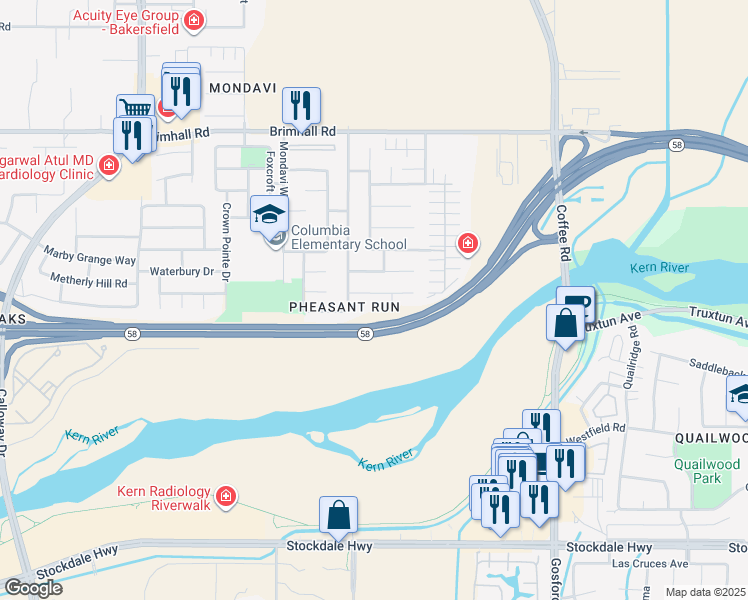 map of restaurants, bars, coffee shops, grocery stores, and more near 8717 Sand Fox Court in Bakersfield