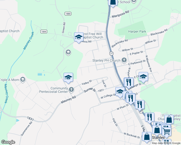 map of restaurants, bars, coffee shops, grocery stores, and more near 500 3rd Street in Stanley