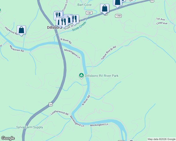 map of restaurants, bars, coffee shops, grocery stores, and more near 380 Mockingbird Lane in Sylva