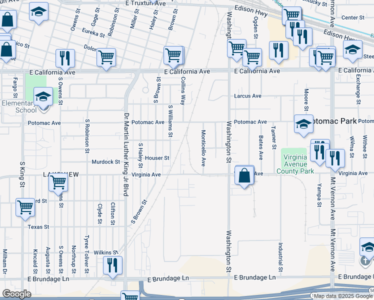 map of restaurants, bars, coffee shops, grocery stores, and more near 423 Powell Lane in Bakersfield