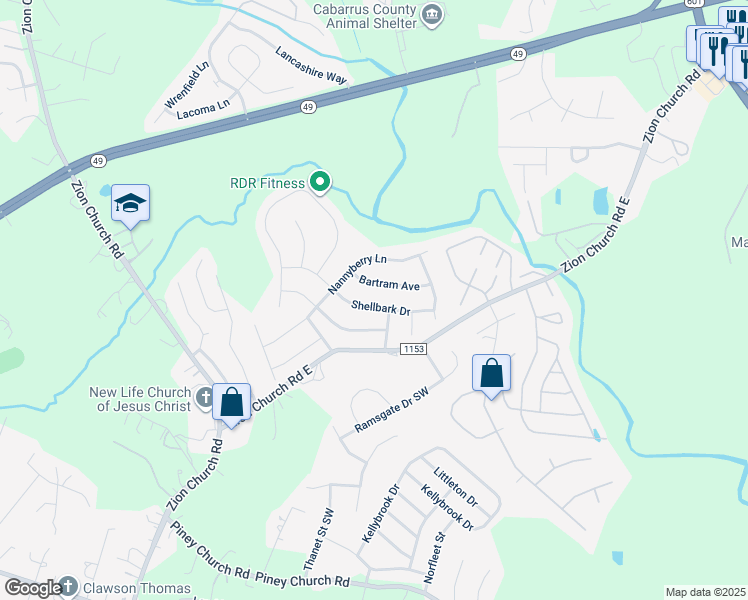 map of restaurants, bars, coffee shops, grocery stores, and more near 685 Shellbark Drive in Concord