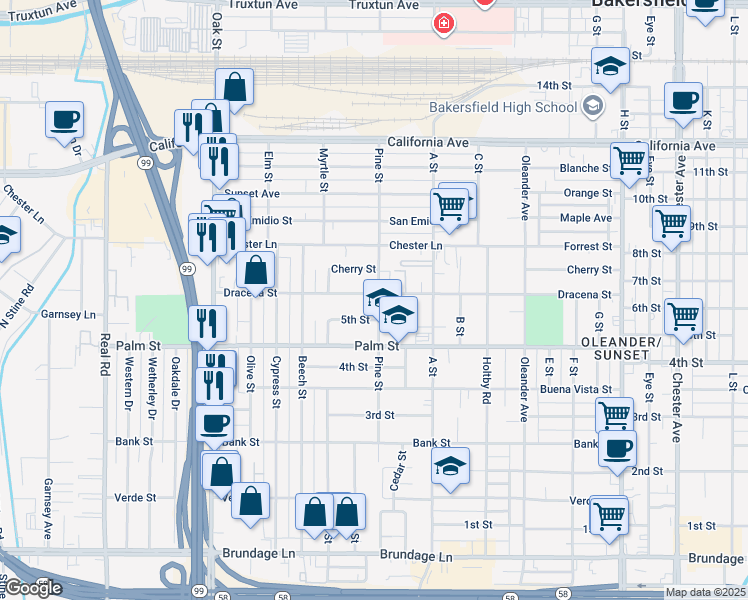 map of restaurants, bars, coffee shops, grocery stores, and more near 2601 Dracena Street in Bakersfield