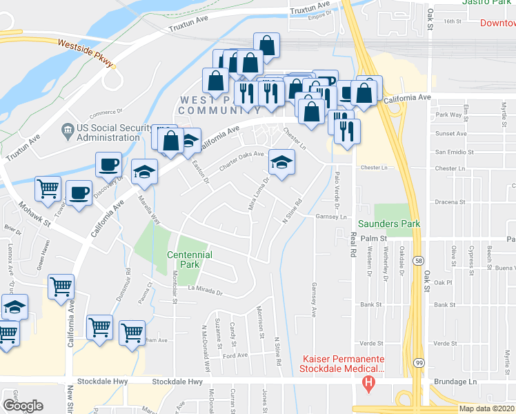 map of restaurants, bars, coffee shops, grocery stores, and more near 1004 Montclair Street in Bakersfield