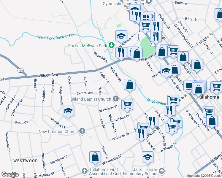 map of restaurants, bars, coffee shops, grocery stores, and more near 603 Cedar Lane in Tullahoma