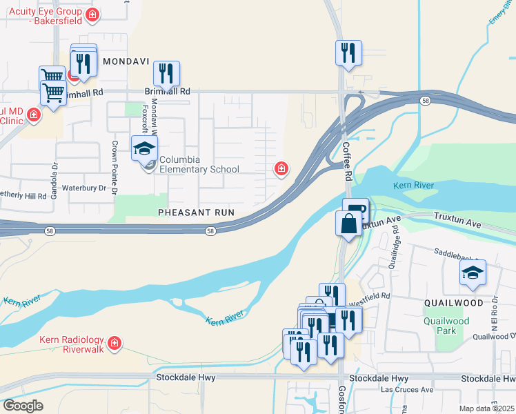 map of restaurants, bars, coffee shops, grocery stores, and more near 601 Jasmine Parke Drive in Bakersfield