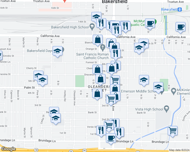 map of restaurants, bars, coffee shops, grocery stores, and more near 614 G Street in Bakersfield